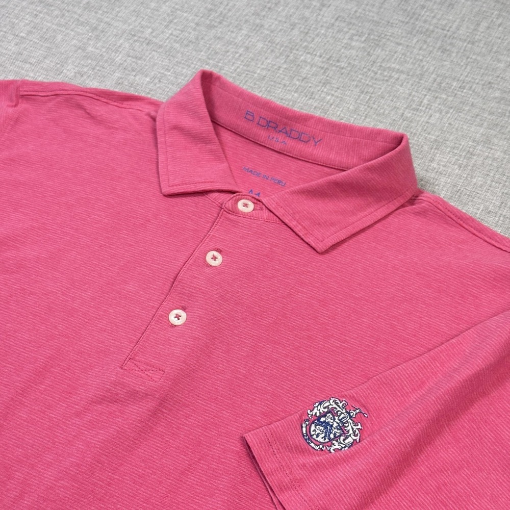 B. Draddy Golf Polo Shirt Mens Medium Pink Striped Cotton Spandex Embroidered